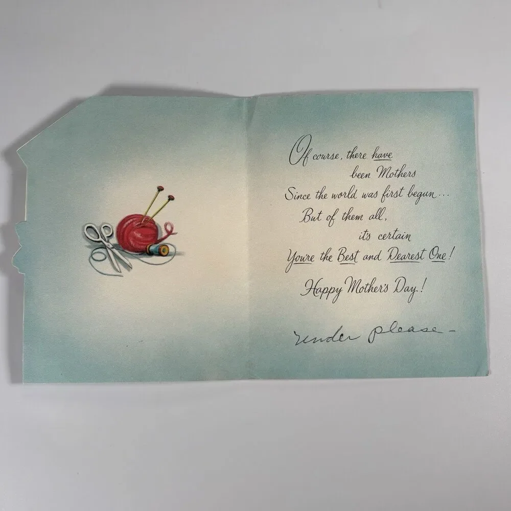Vintage Mother’s Day Card Sewing Basket Yarn Embossed Handwritten Note MCM Art
